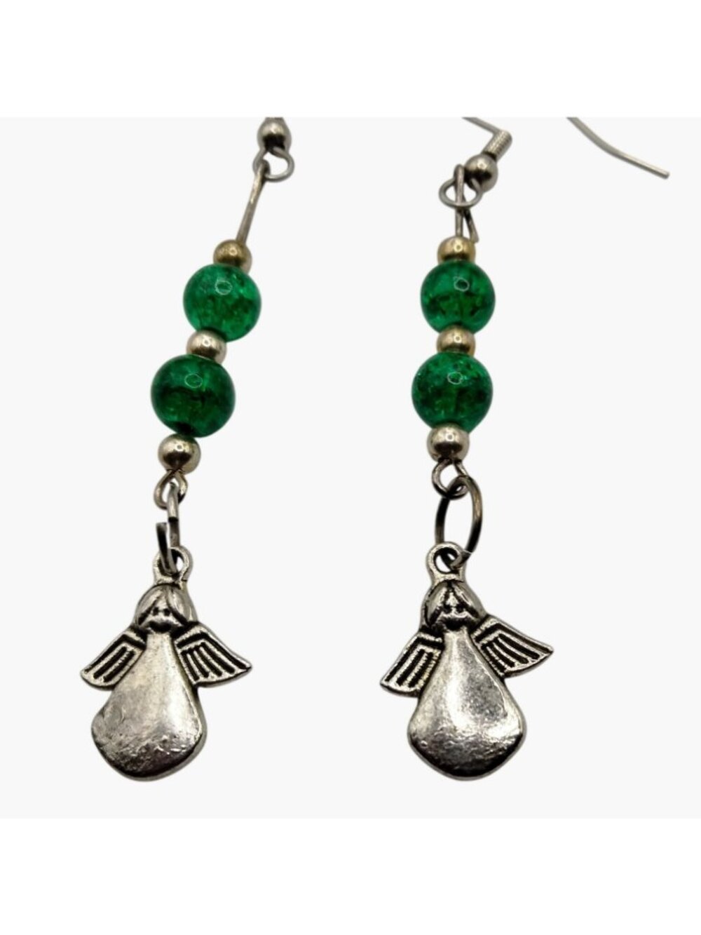 Silver Angel earrings Stamped Made for an Angel Shimmer Green Beads Drop Dangle - Picture 3 of 6